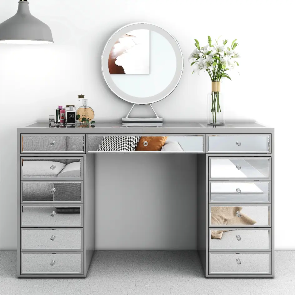 SHYFOY 7-Drawer Mirrored Vanity Dressing Makeup Table with Sparkling Diamond