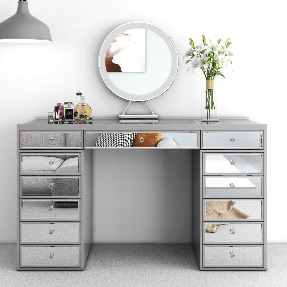 Crystal Knob Mirrored Vanity Table – 13 Drawer Black Makeup Desk with Decorative Glass Panels for Bedroom Beauty Setup