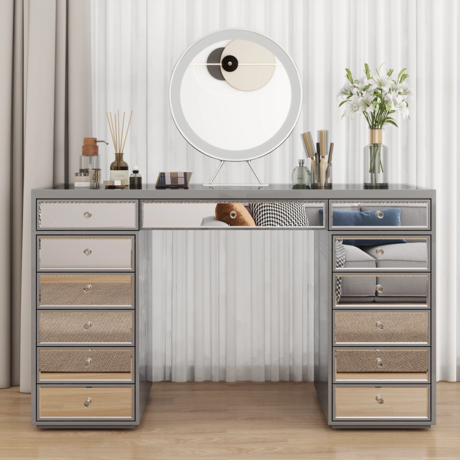 SHYFOY 7-Drawer Mirrored Vanity Dressing Makeup Table with Sparkling Diamond