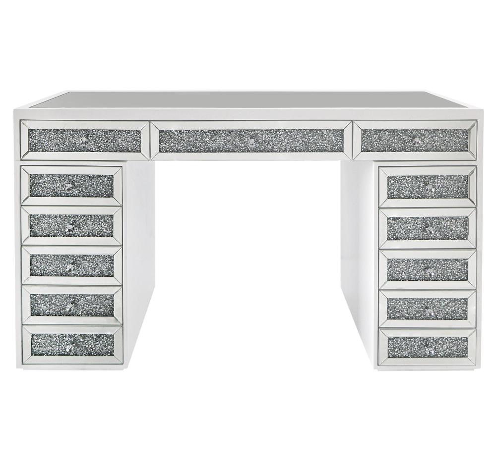 Mirrored Finish Vanity Desk Dresser with 13-Drawer - White