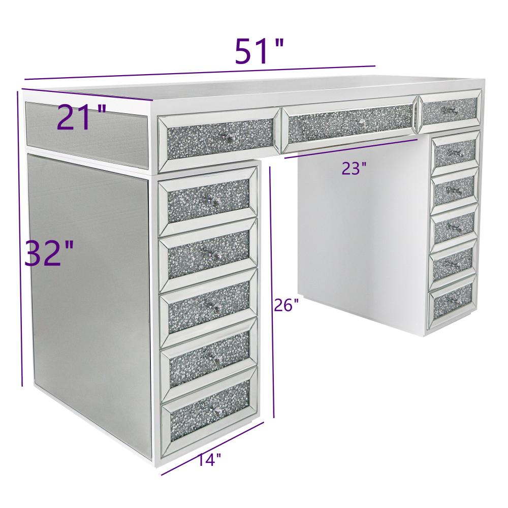 Mirrored Finish Vanity Desk Dresser with 13-Drawer - White