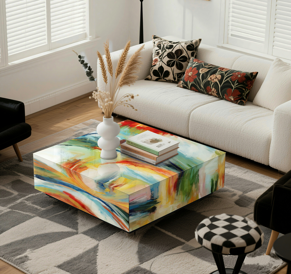 Square Modern Abstract Glass Coffee Table