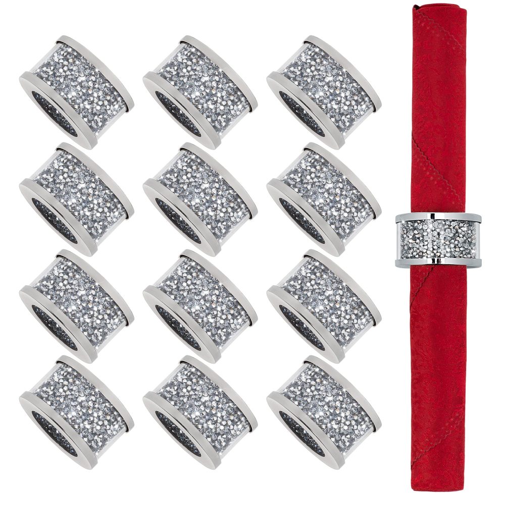 Napkin Rings Silver Set of 12, Bling Cloth Holder Napkin Ring Full of Crushed Diamond for Dinner Party,Wedding