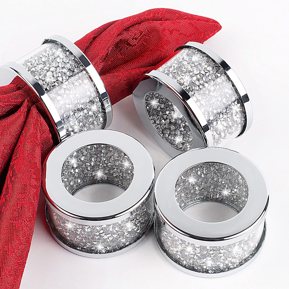 Silver Diamond Napkin Ring Glass Framed, Crystal Dinning Cloth Rings Set of 4 Piece