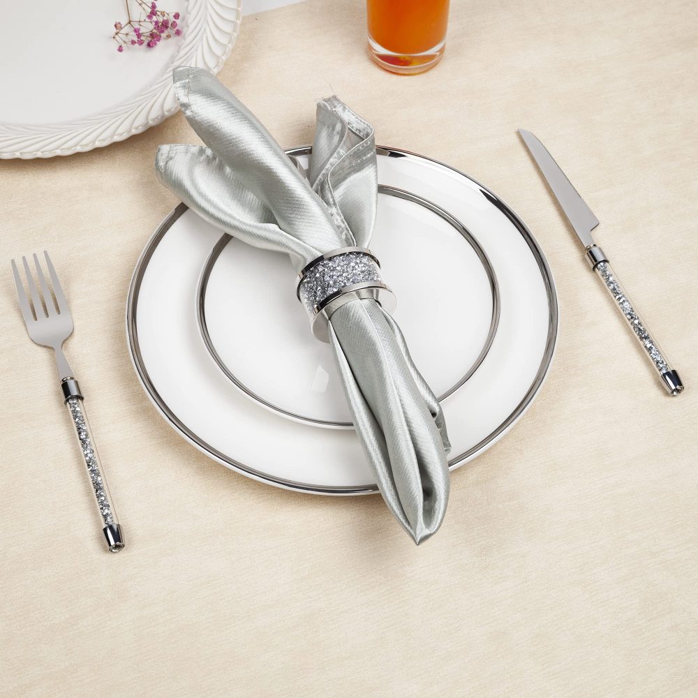 Silver Diamond Napkin Ring Glass Framed, Crystal Dinning Cloth Rings Set of 4 Piece