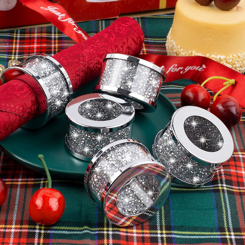 Napkin Rings Silver Set of 12, Bling Cloth Holder Napkin Ring Full of Crushed Diamond for Dinner Party,Wedding
