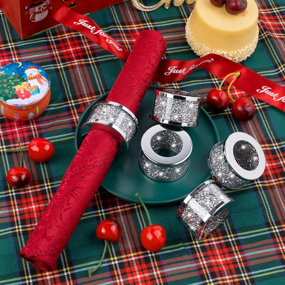 Napkin Rings Silver Set of 12, Bling Cloth Holder Napkin Ring Full of Crushed Diamond for Dinner Party,Wedding