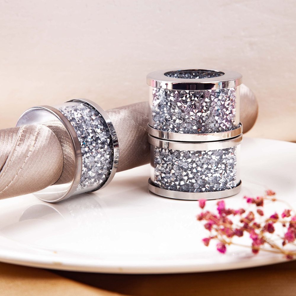 Silver Diamond Napkin Ring Glass Framed, Crystal Dinning Cloth Rings Set of 4 Piece