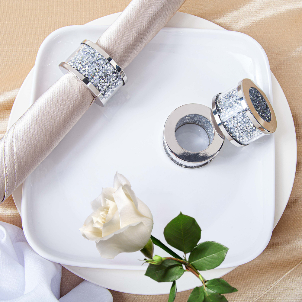 Napkin Rings Silver Set of 12, Bling Cloth Holder Napkin Ring Full of Crushed Diamond for Dinner Party,Wedding