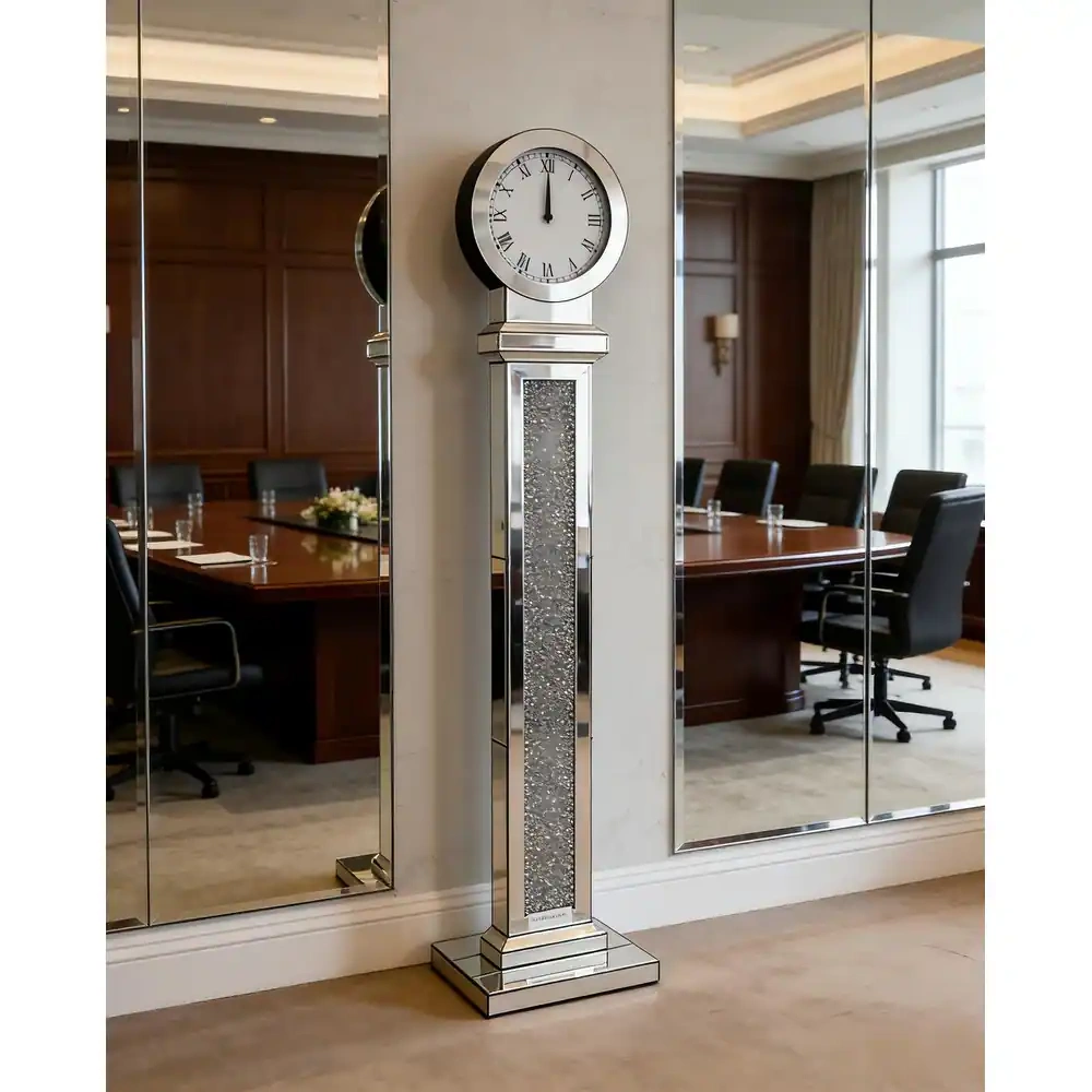 59 Inch Tall Mirrored Standing Clock with Crushed Diamond Inlay