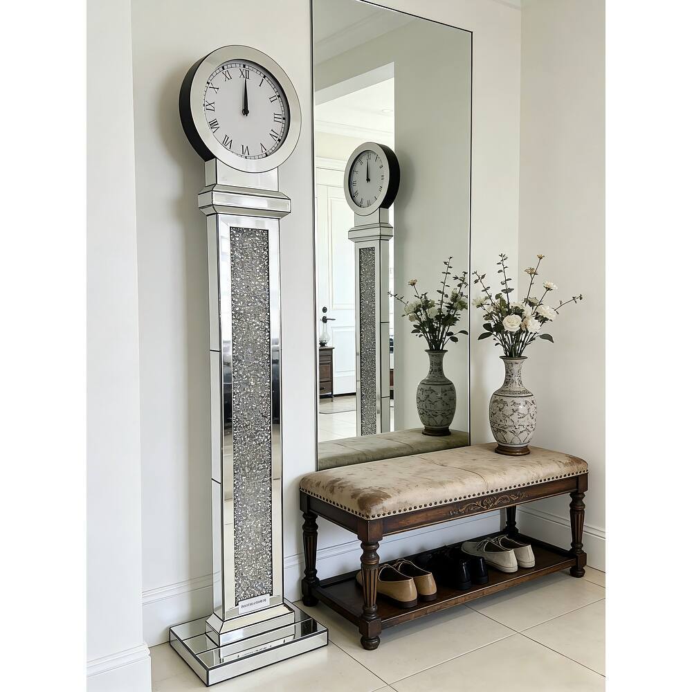 59 Inch Tall Mirrored Standing Clock with Crushed Diamond Inlay