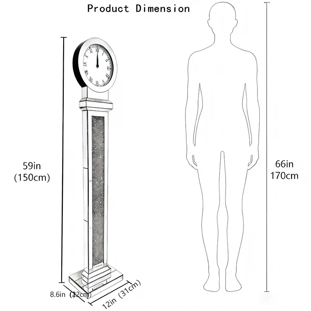 59 Inch Tall Mirrored Standing Clock with Crushed Diamond Inlay