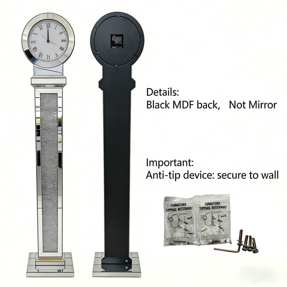 59 Inch Tall Mirrored Standing Clock with Crushed Diamond Inlay