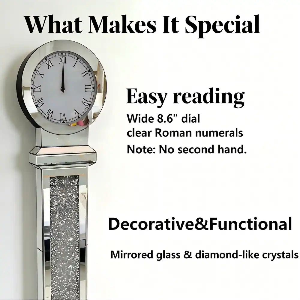 59 Inch Tall Mirrored Standing Clock with Crushed Diamond Inlay