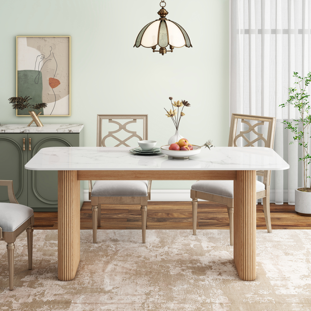 Marble Top Dining Table with Pedestal Grain Wood Base
