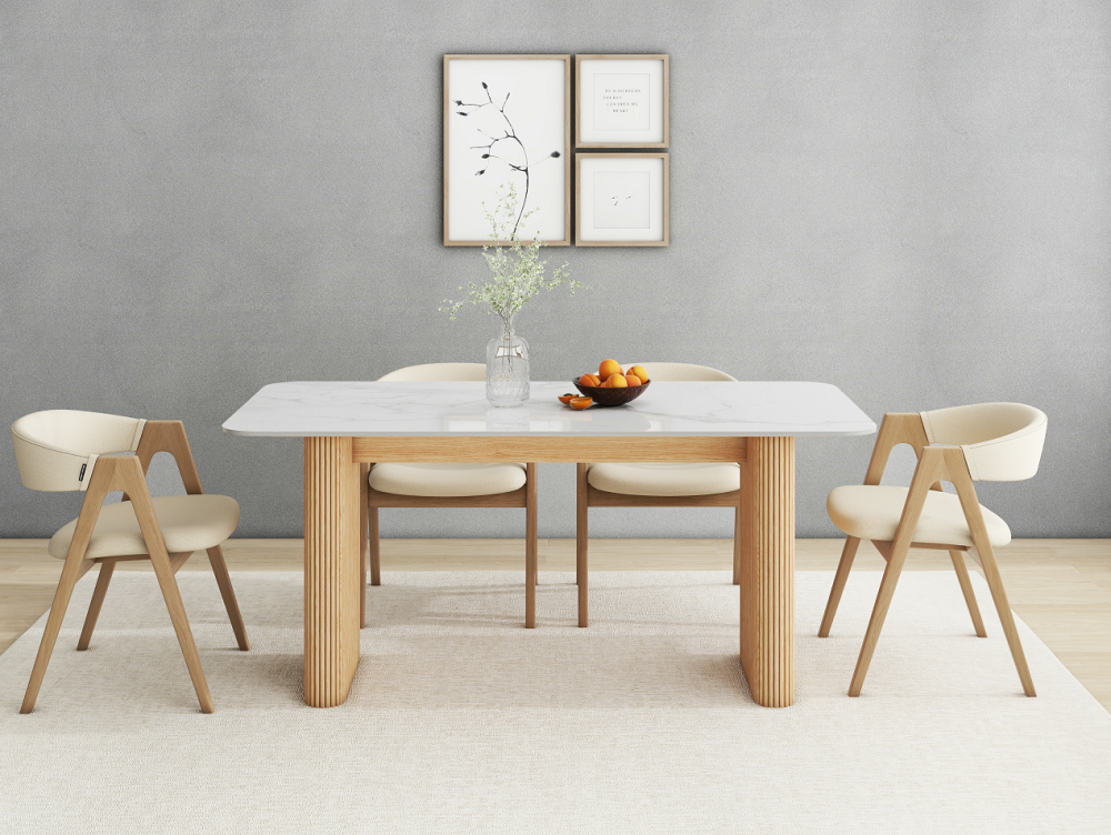 Marble Top Dining Table with Pedestal Grain Wood Base