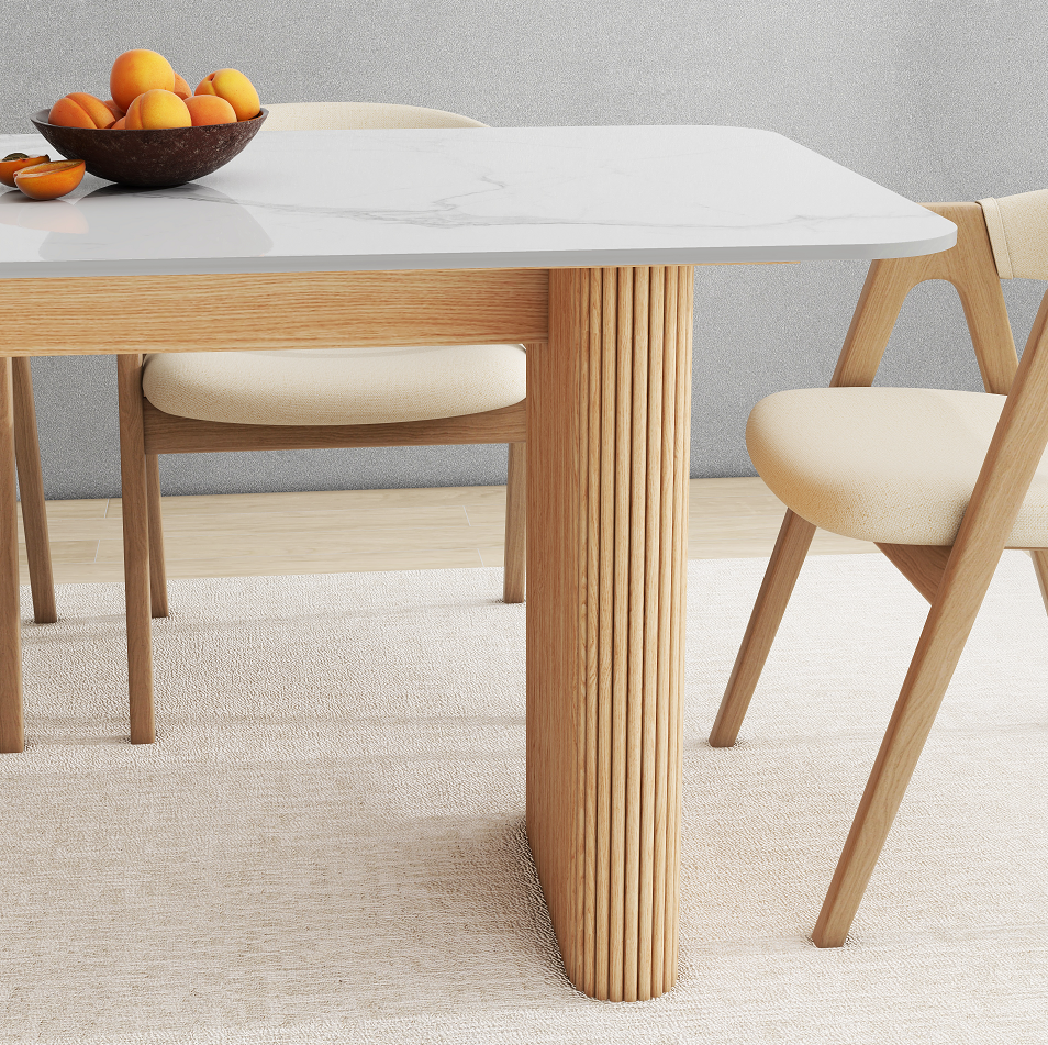 Marble Top Dining Table with Pedestal Grain Wood Base