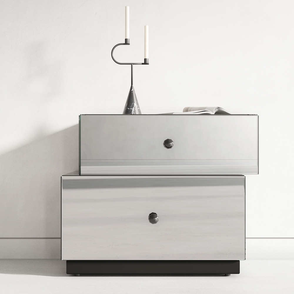 Mirrored Nightstand with 2 Drawers, Modern Silver Bedside Table 25.67" W x 14.17" D x 18.74" H