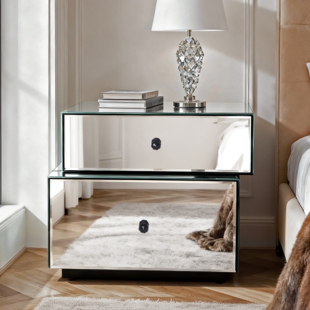 Mirrored Nightstand with 2 Drawers, Modern Silver Bedside Table 25.67" W x 14.17" D x 18.74" H