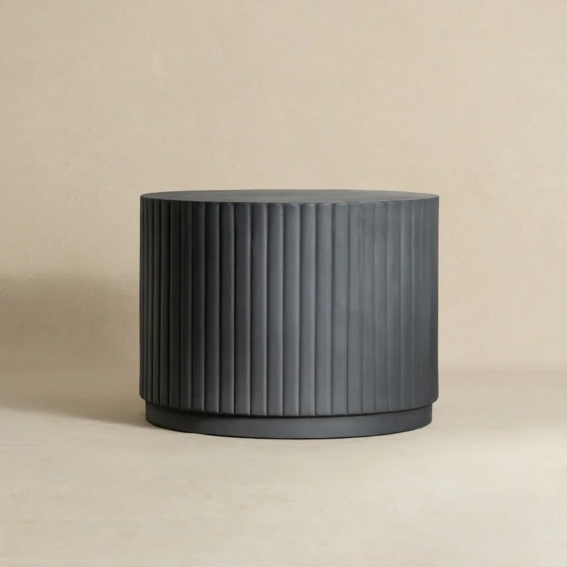 Black Modern Round Fluted Drum Magnesium Oxide End Table