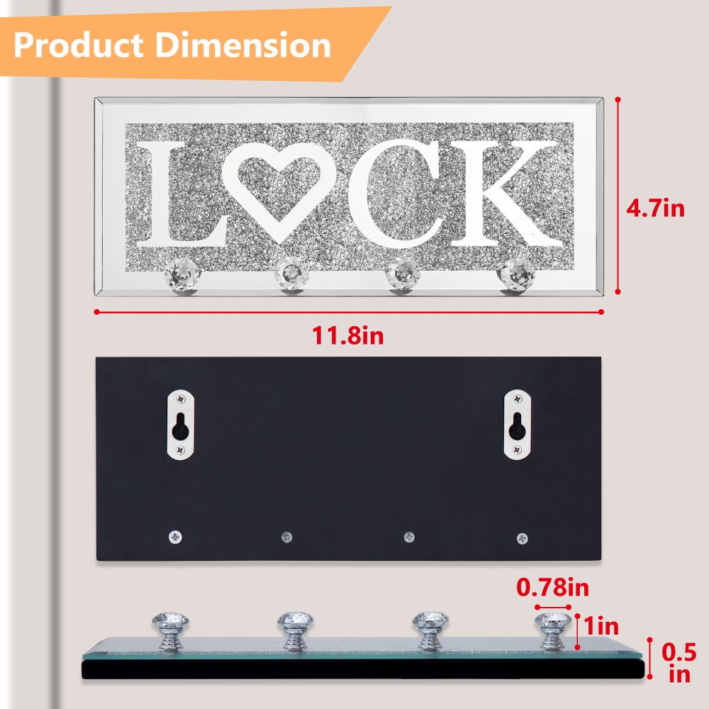 Mirrored Lock Key Holder with Crystal Hooks, Sparkly Silver Mirror Wall Decor