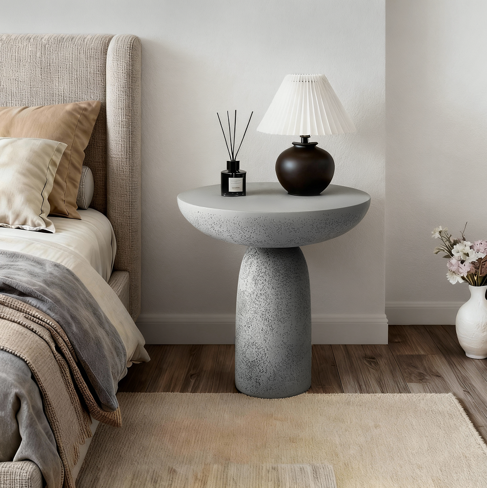 18'' Tall Round Gray Pedestal Side Table, Modern Hourglass End Table with Stone Texture
