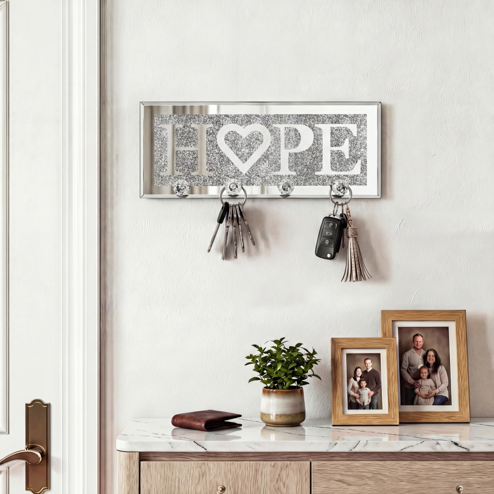 Mirrored HOPE Key Holder with Crystal Hooks Sparkly Silver Mirror Wall Decor