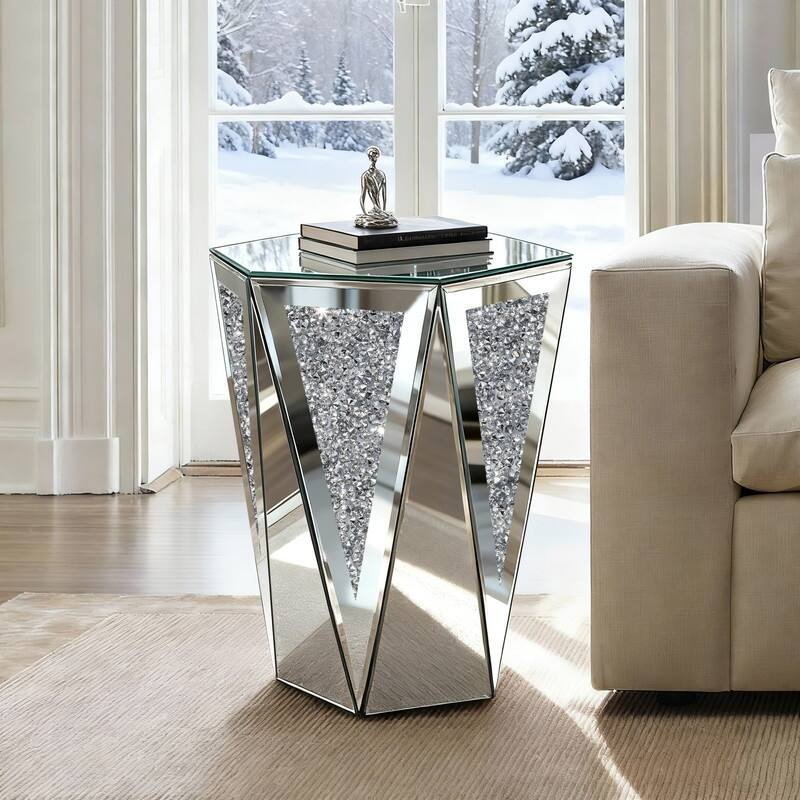 Hexagonal Mirror Top Crushed Diamond End Table