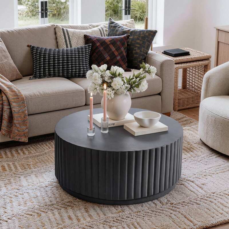 Black Modern Ribbed Round Concrete Coffee Table