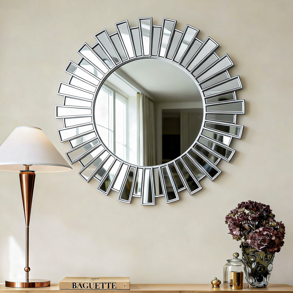 Silver Sunburst Decorative Round Wall Mirror