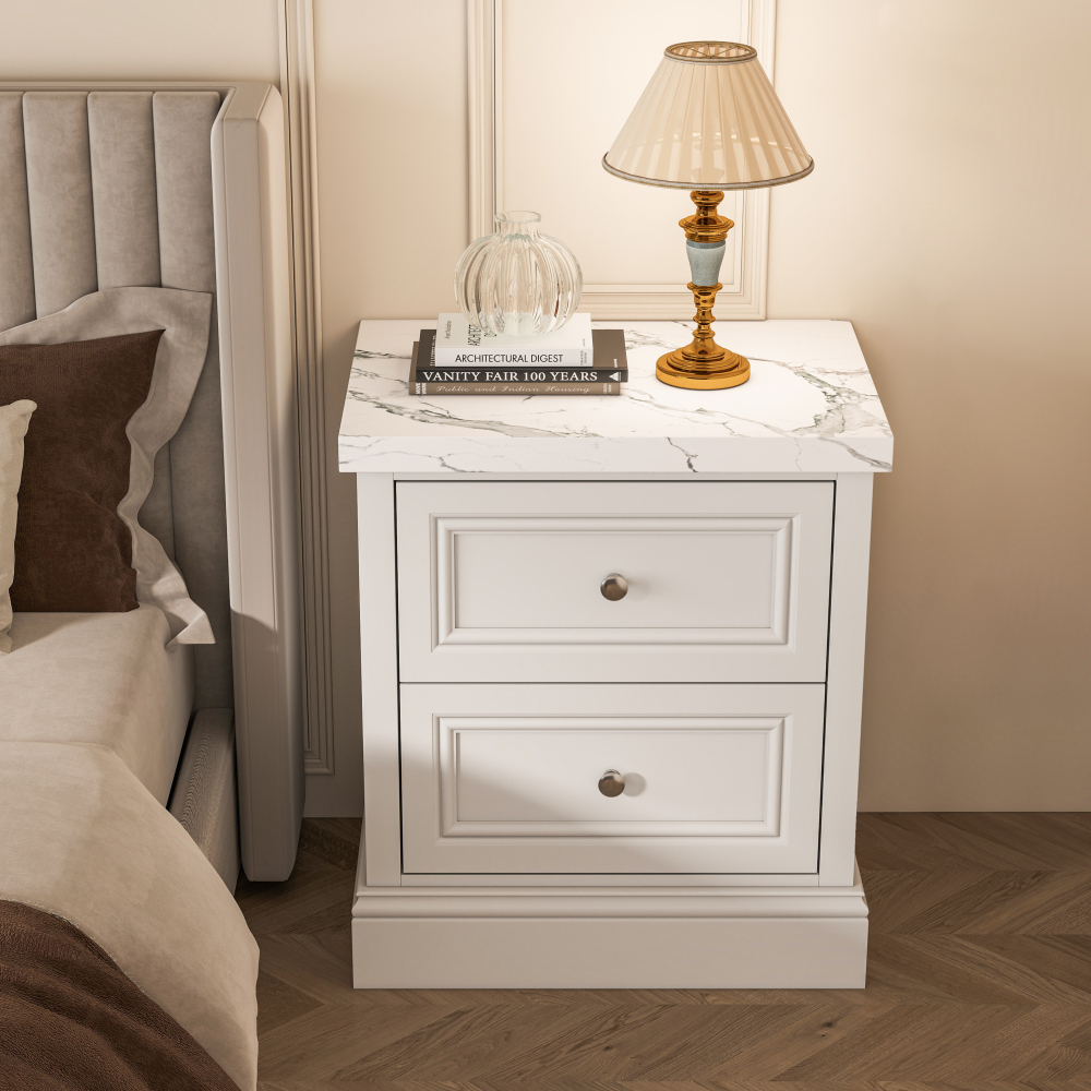 2-Drawer Nightstand with Faux Marble Top