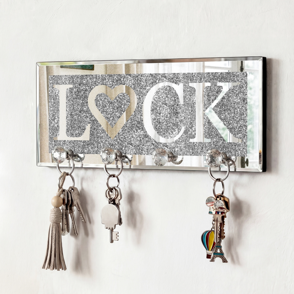 Mirrored Lock Key Holder with Crystal Hooks, Sparkly Silver Mirror Wall Decor