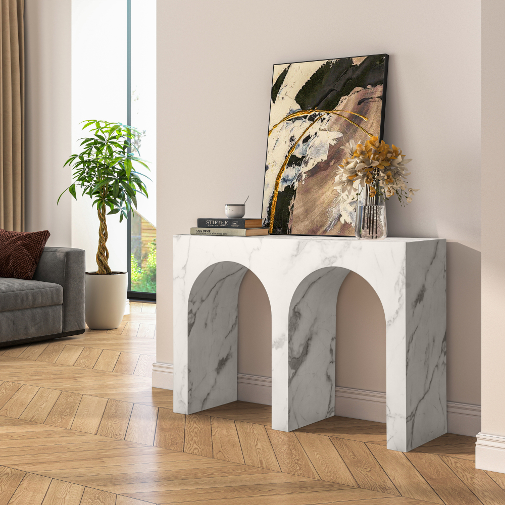 SHYFOY Modern Faux Marble Console Table with Double Arch Design, MDF Entryway Table for Living Room, Hallway, and Sofa Back