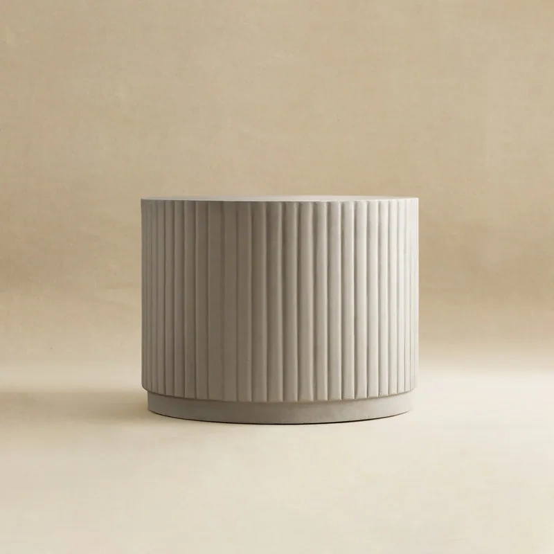 White Modern Round Fluted Drum Magnesium Oxide End Table