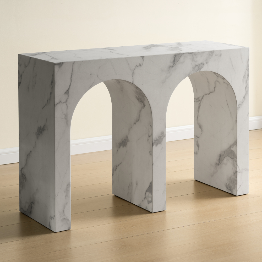 SHYFOY Modern Faux Marble Console Table with Double Arch Design, MDF Entryway Table for Living Room, Hallway, and Sofa Back