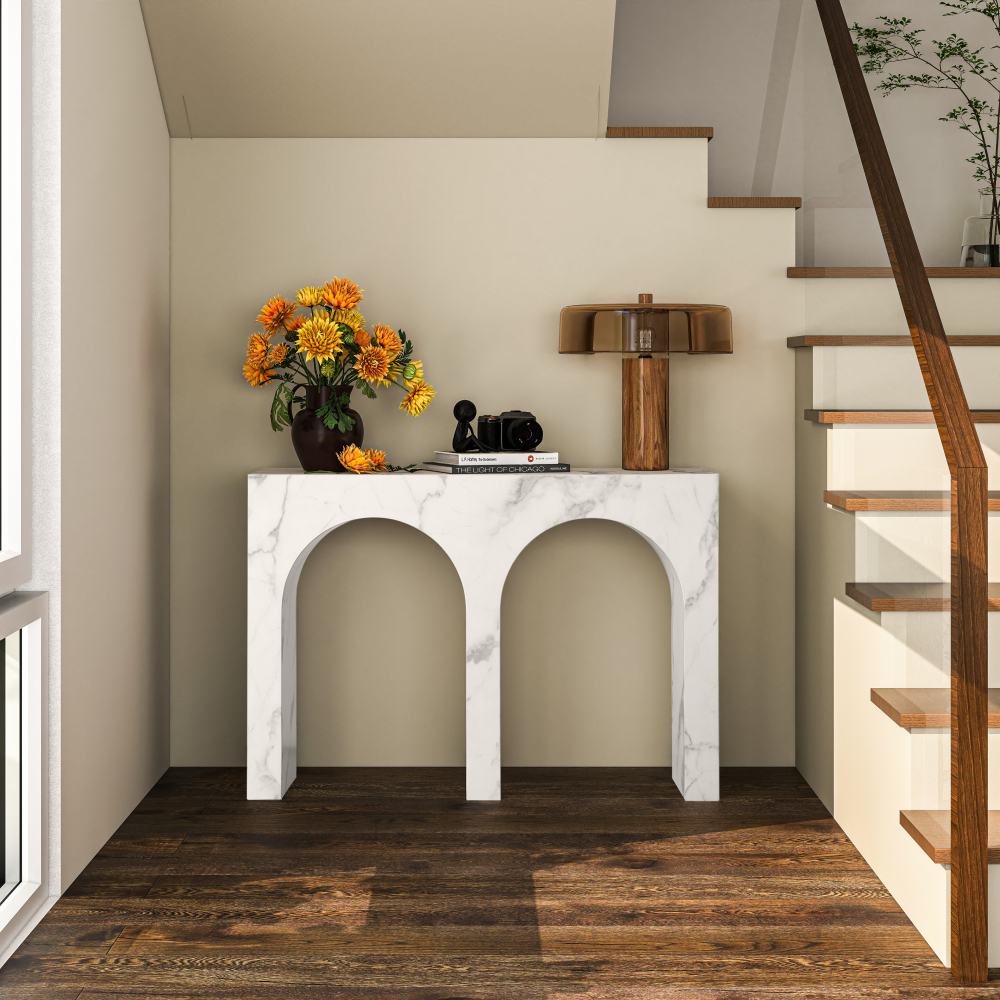 SHYFOY Modern Faux Marble Console Table with Double Arch Design, MDF Entryway Table for Living Room, Hallway, and Sofa Back