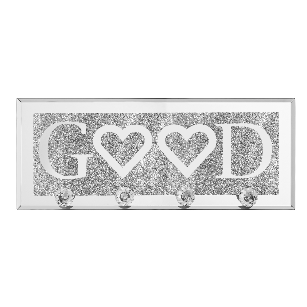 Mirrored Good Key Holder with Crystal Hooks, Sparkly Silver Mirror Wall Decor