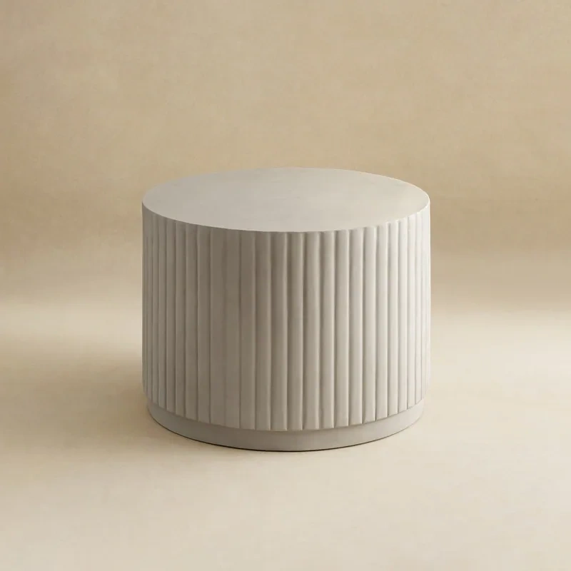 White Modern Round Fluted Drum Magnesium Oxide End Table