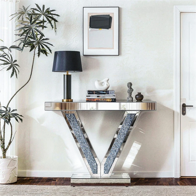Modern Console Table with V-Shaped Base Sparkling Diamond Accents