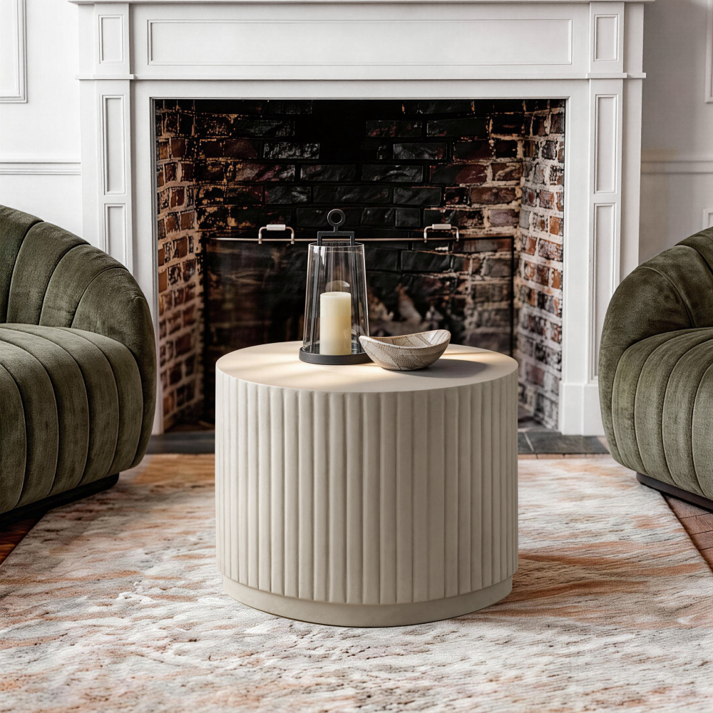 White Modern Round Fluted Drum Magnesium Oxide End Table