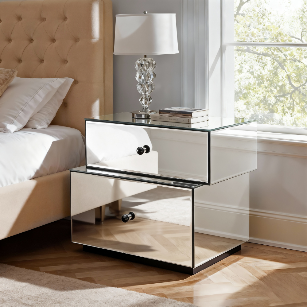 Mirrored Nightstand with 2 Drawers, Modern Silver Bedside Table 25.67" W x 14.17" D x 18.74" H