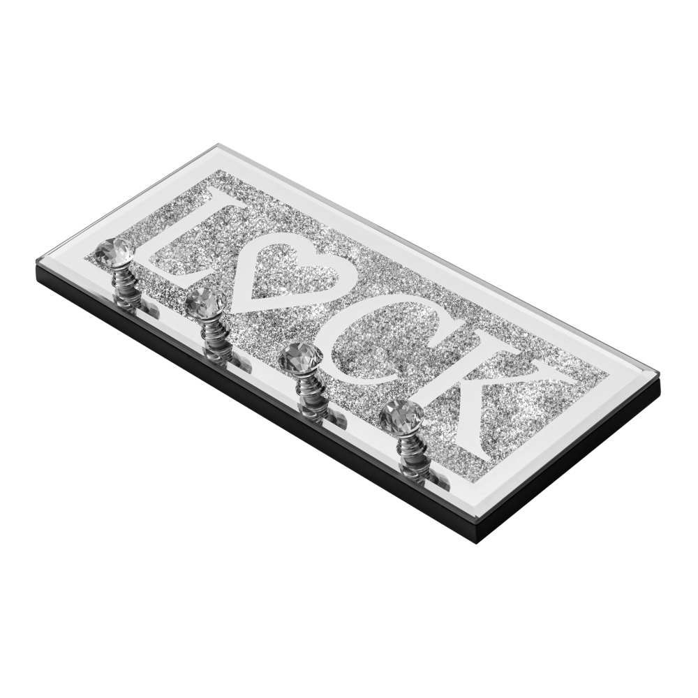 Mirrored Lock Key Holder with Crystal Hooks, Sparkly Silver Mirror Wall Decor