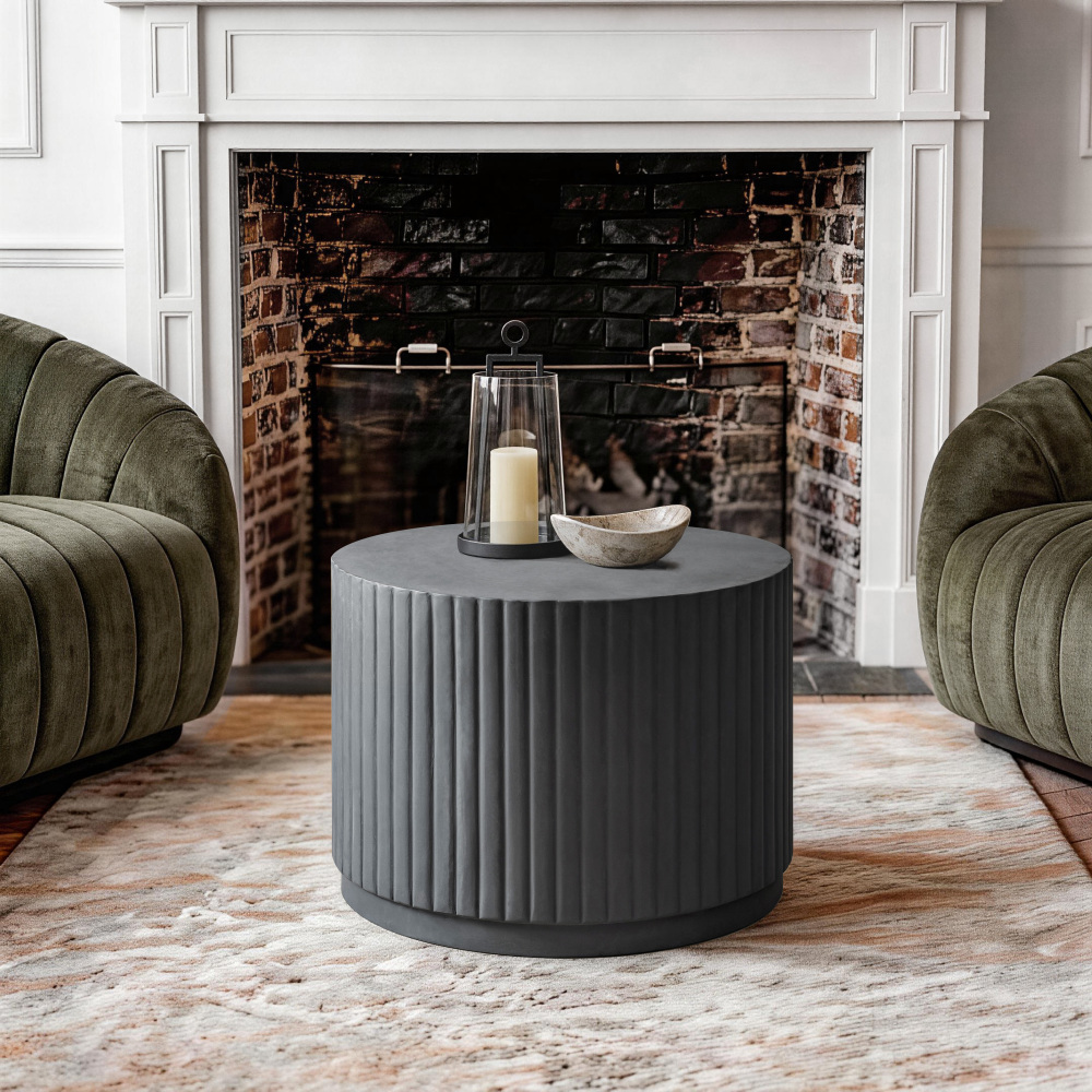 Black Modern Round Fluted Drum Magnesium Oxide End Table