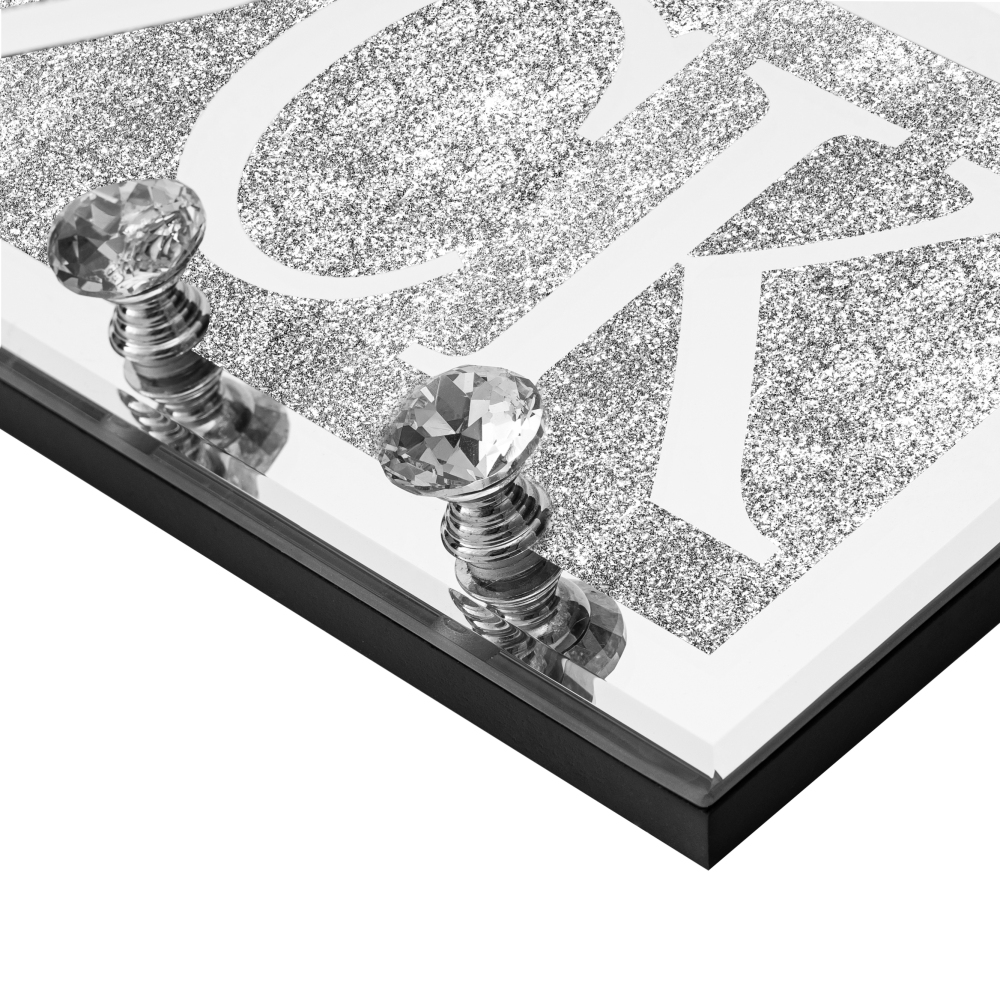 Mirrored Lock Key Holder with Crystal Hooks, Sparkly Silver Mirror Wall Decor