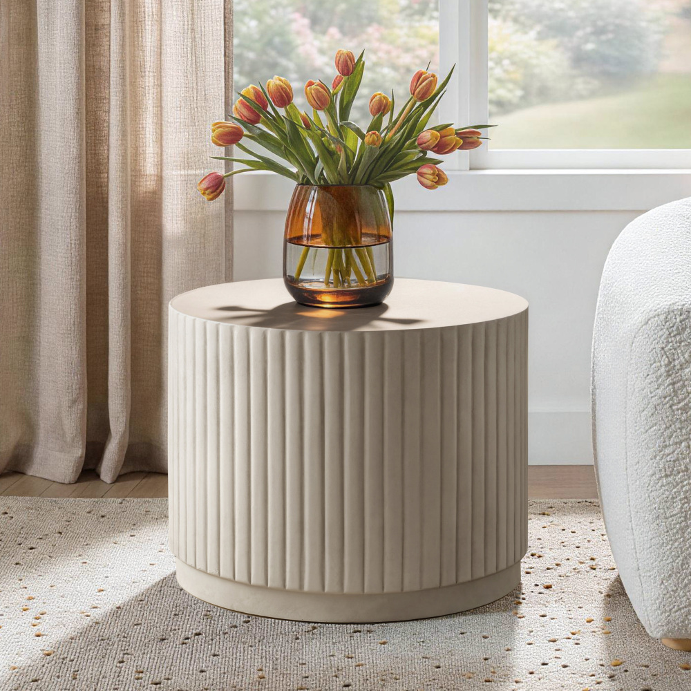 White Modern Round Fluted Drum Magnesium Oxide End Table