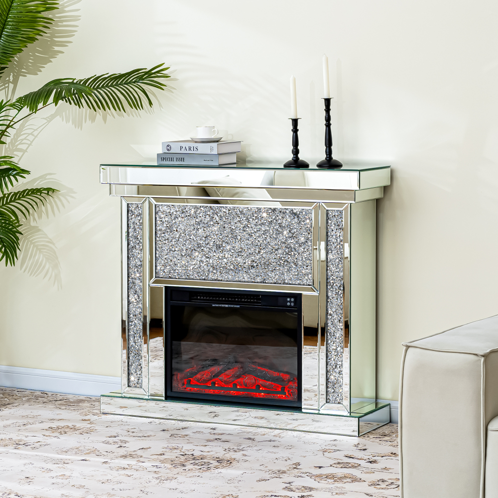 Electric Fireplace with Glass Mantel Surround, Crushed Diamonds inlay