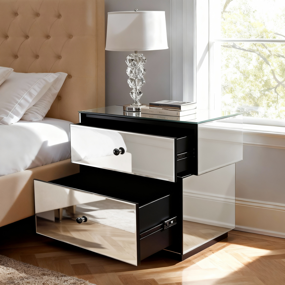 Mirrored Nightstand with 2 Drawers, Modern Silver Bedside Table 25.67" W x 14.17" D x 18.74" H
