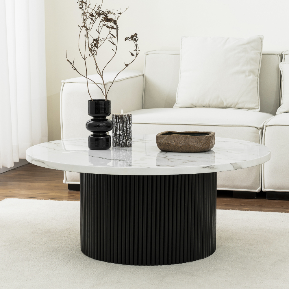 Black Modern Round Coffee Table with Solid Wood Fluted Design