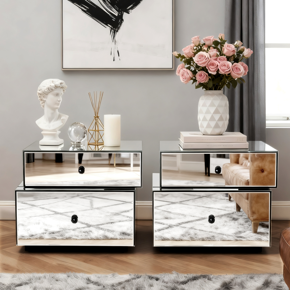 Mirrored Nightstand with 2 Drawers, Modern Silver Bedside Table 25.67" W x 14.17" D x 18.74" H