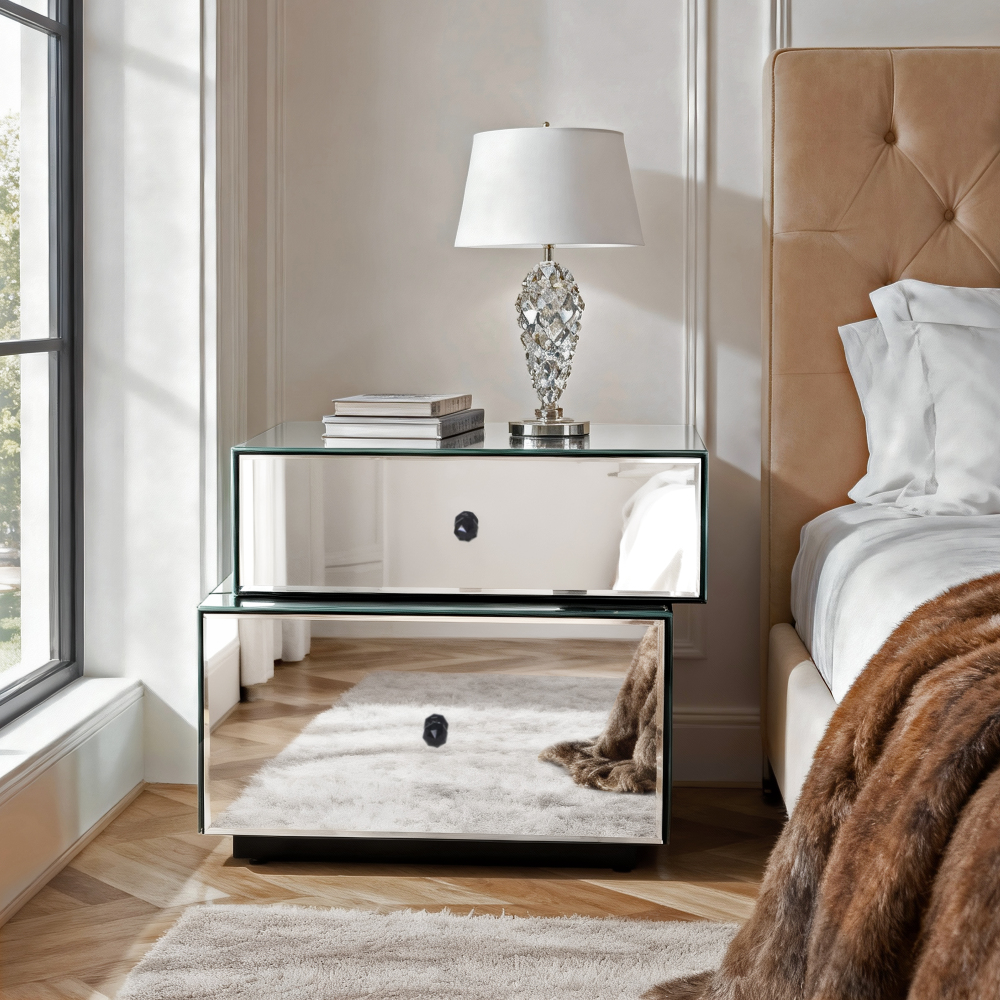 Mirrored Nightstand with 2 Drawers, Modern Silver Bedside Table 25.67" W x 14.17" D x 18.74" H